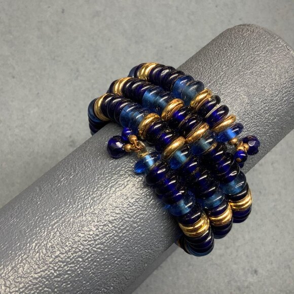 Retro Memory Wire Wrap Bracelet Translucent Blue Gold Beaded Vintage Bohemian - Picture 2 of 3